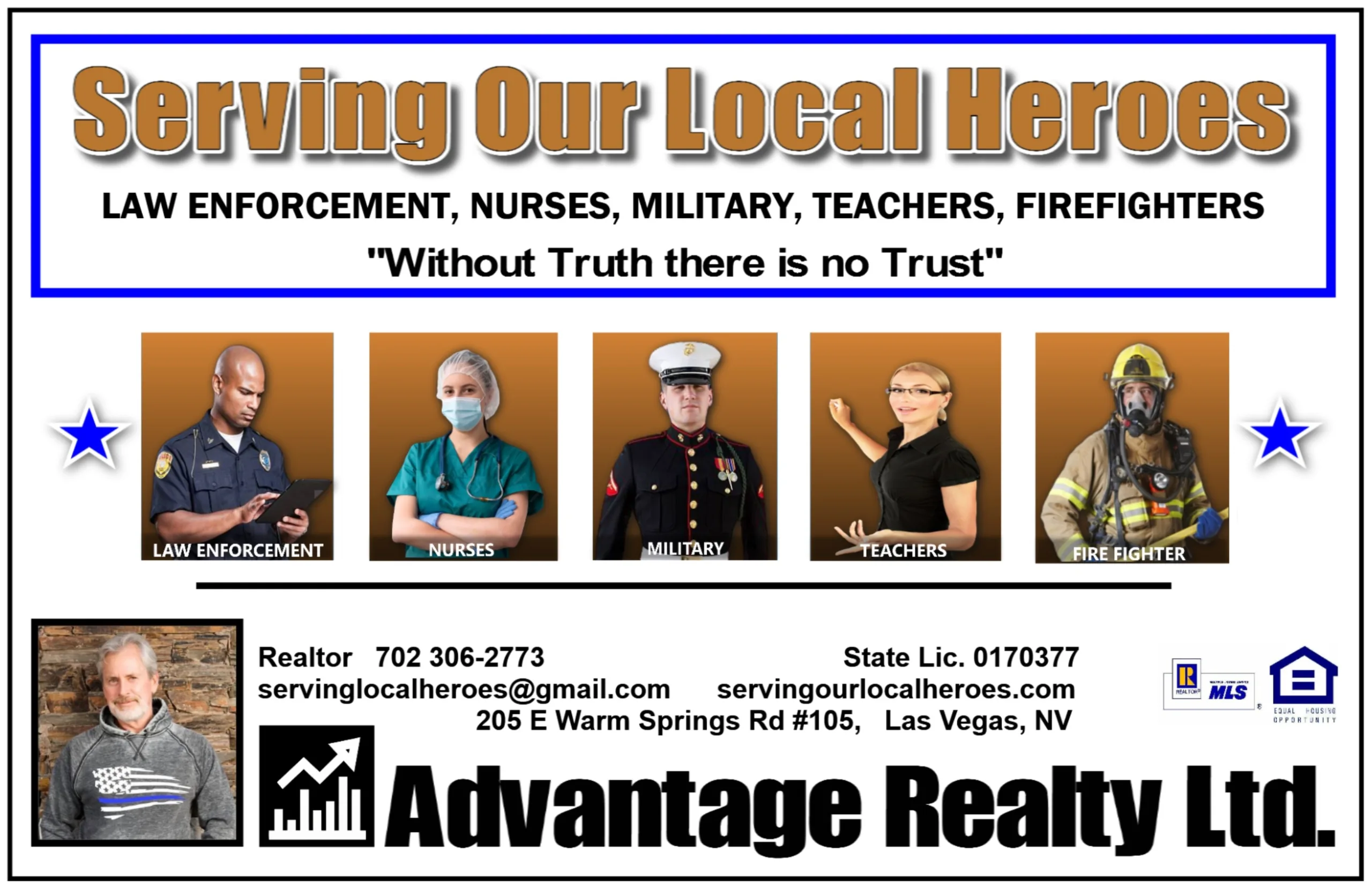 Serving Our Local Heroes signature graphic for Jeff Crampton of Advantage Realty Ltd, listing law enforcement, nurses, military, teachers, and firefighters
