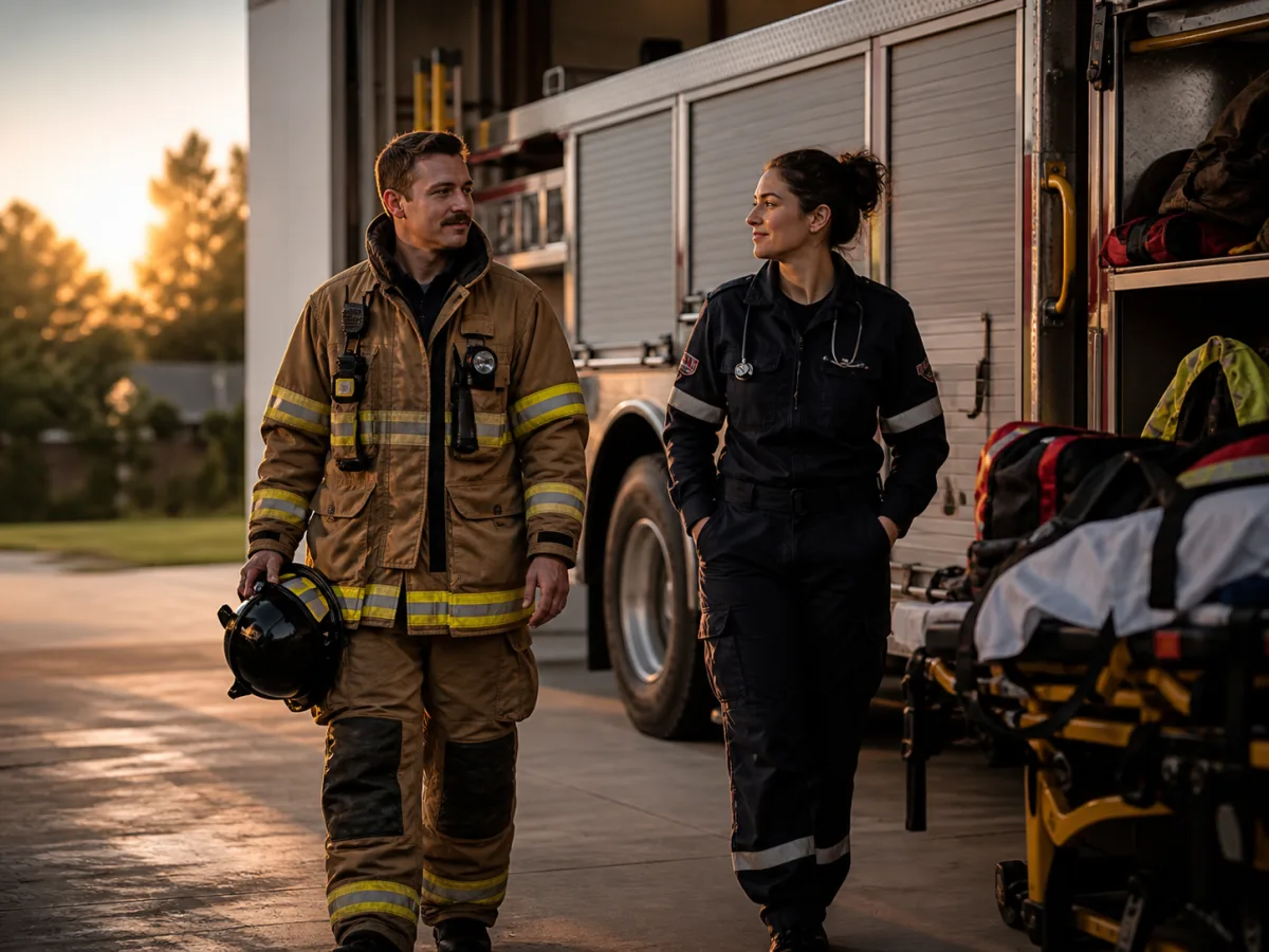 A firefighter in turnout gear and an EMS provider walking beside an engine and stretcher outside a station at sunset