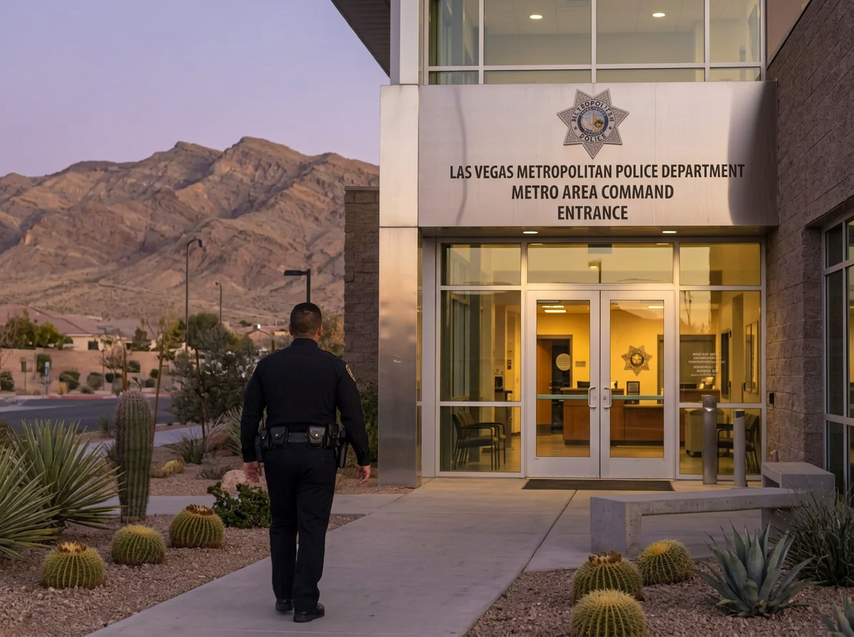 A uniformed police officer walking a neighborhood path at dusk with single-story homes and desert mountains behind