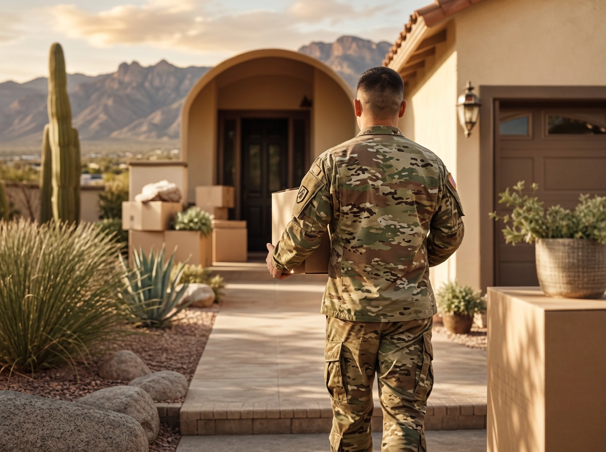 A person carrying a moving box up the walkway of a stucco home with desert landscaping