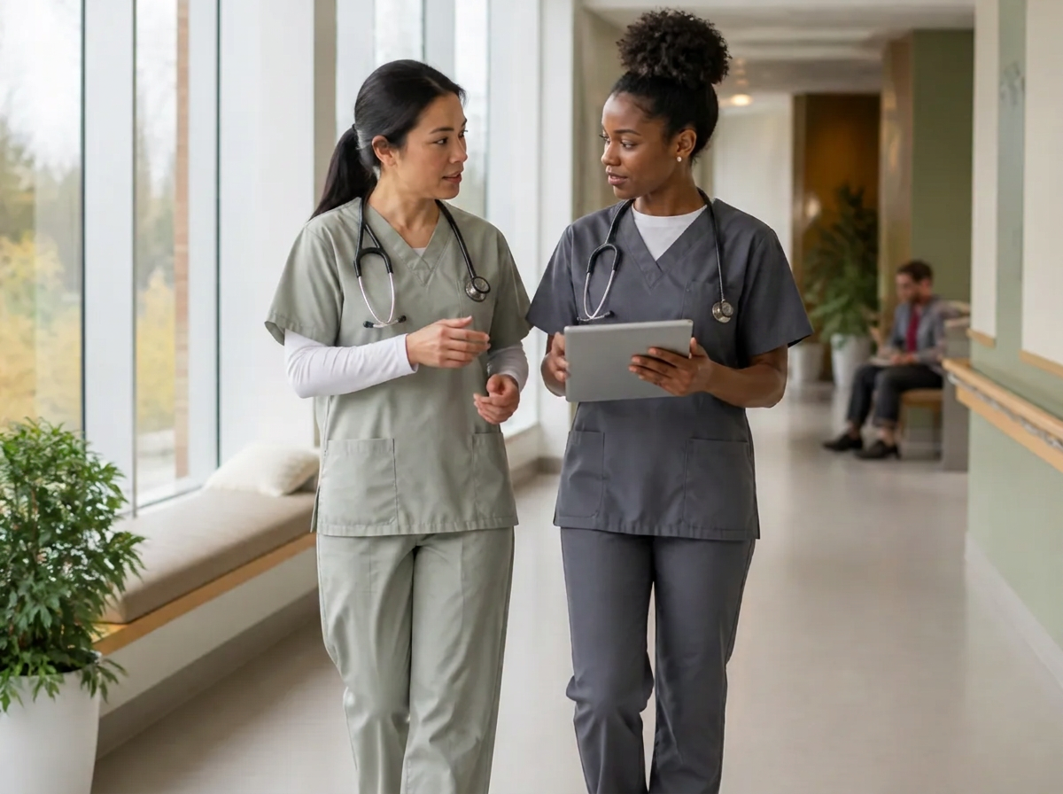 Two nurses in scrubs walking a bright hospital corridor while reviewing notes on a tablet