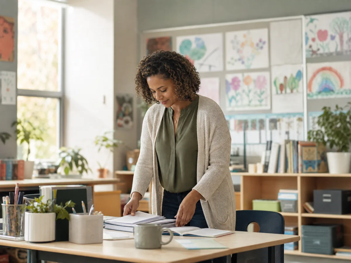 A teacher organizing papers at a classroom desk surrounded by student artwork and bookshelves