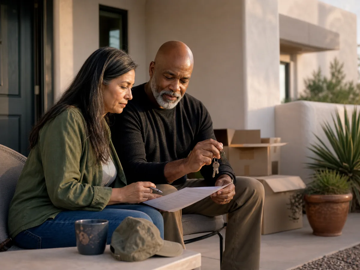 A couple seated on a front patio reviewing paperwork and holding a set of house keys beside moving boxes