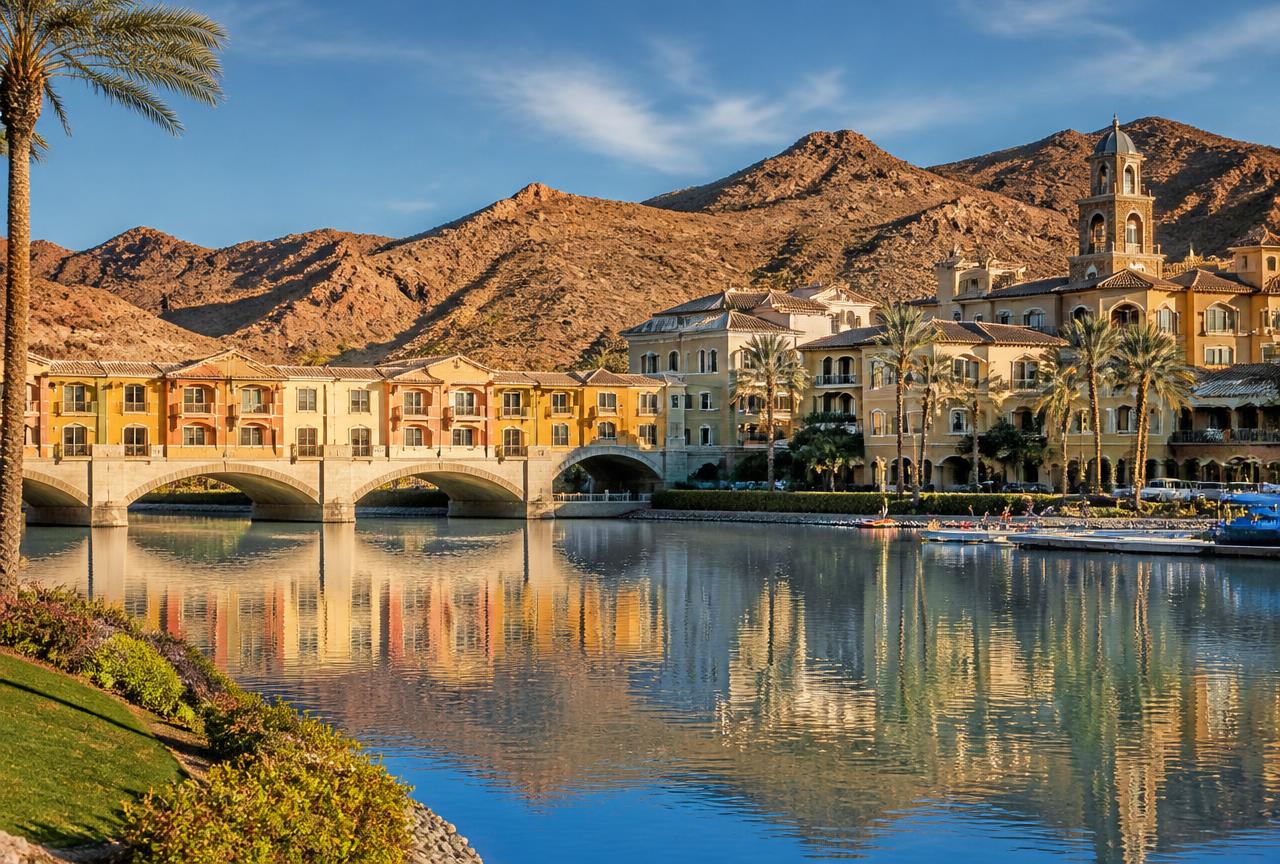 The Mediterranean-style waterfront village and arched bridge at Lake Las Vegas in Henderson