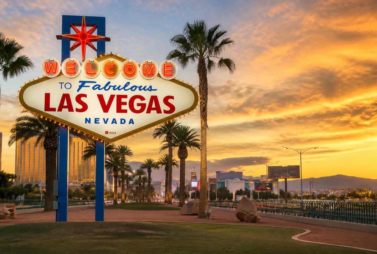 The Welcome to Fabulous Las Vegas neon sign at sunset with the Strip skyline behind it