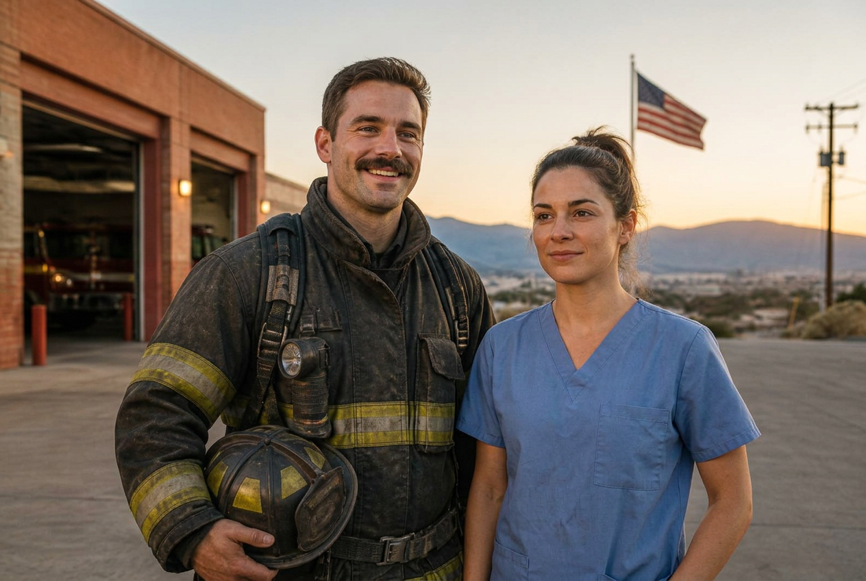 A firefighter and a nurse standing together outside a fire station at sunset