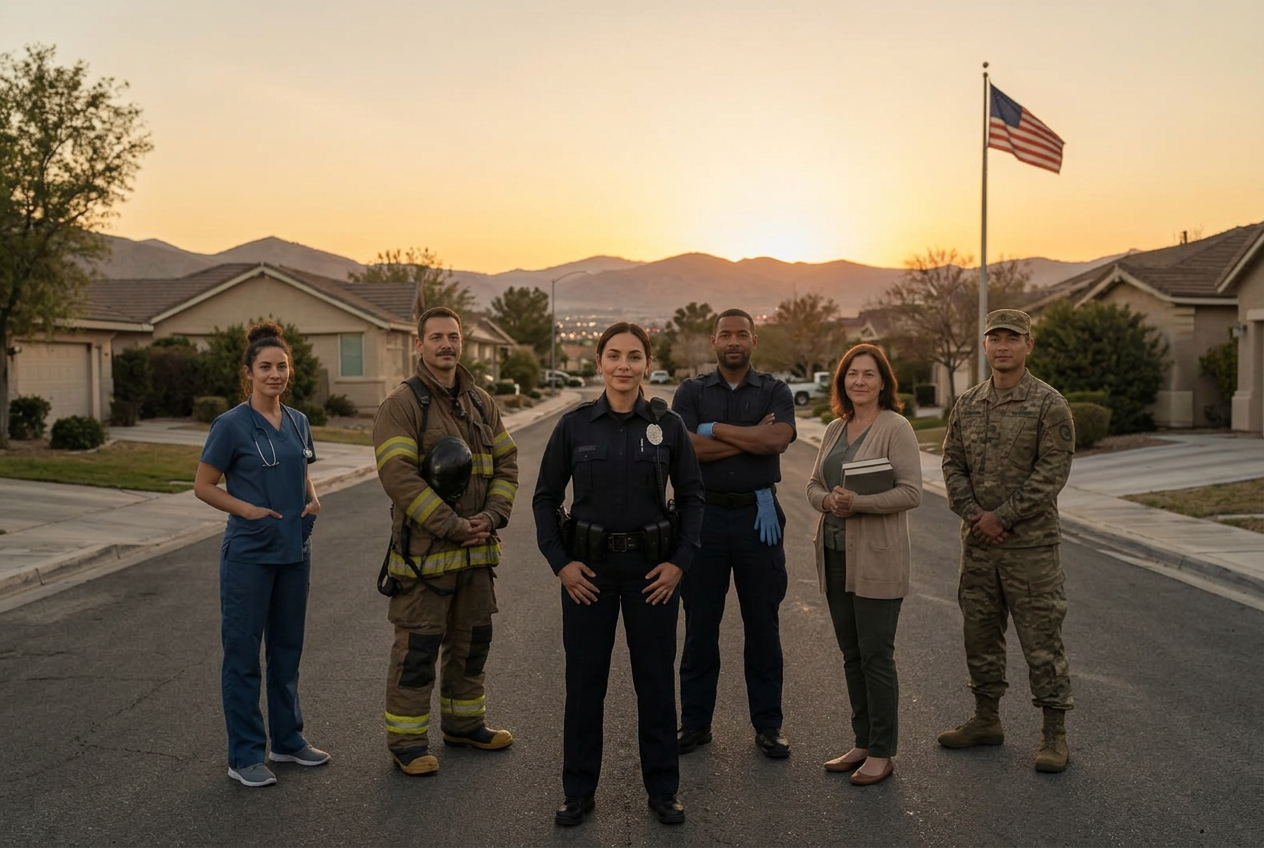 A police officer at the center, flanked by a nurse, firefighter, EMS provider, teacher, and military service member standing together in a Las Vegas Valley neighborhood at sunset