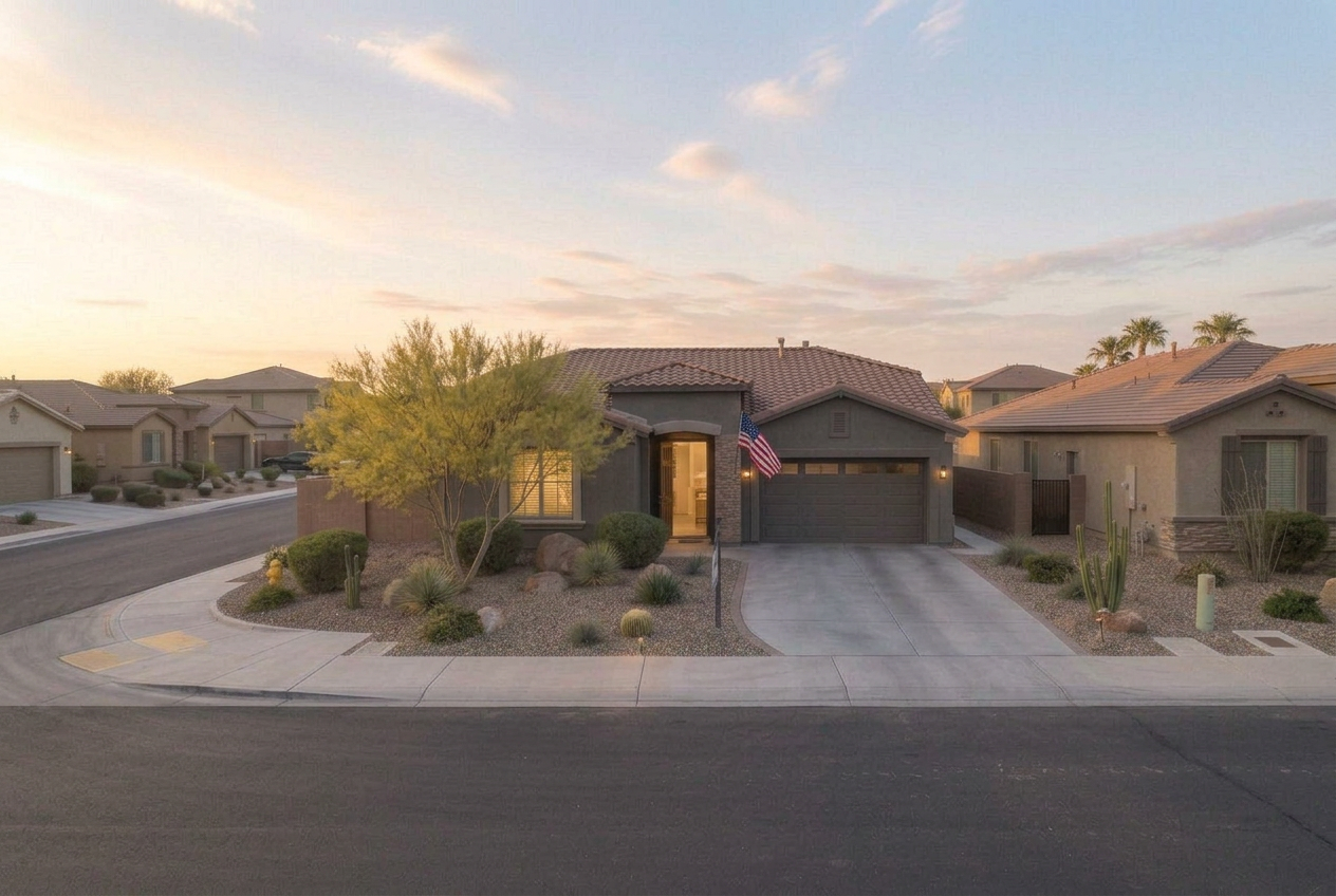 A single-story home with tidy desert landscaping prepared for the market
