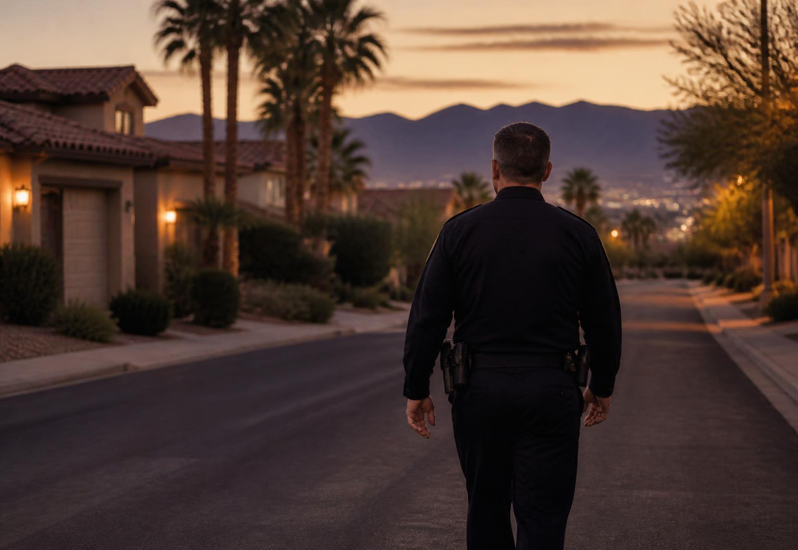 A police officer walking a quiet residential street at dusk