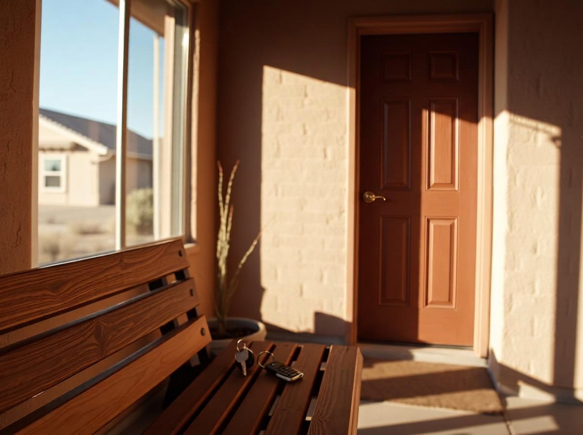 Keys resting on a wooden bench on the shaded front porch of a home in late afternoon light