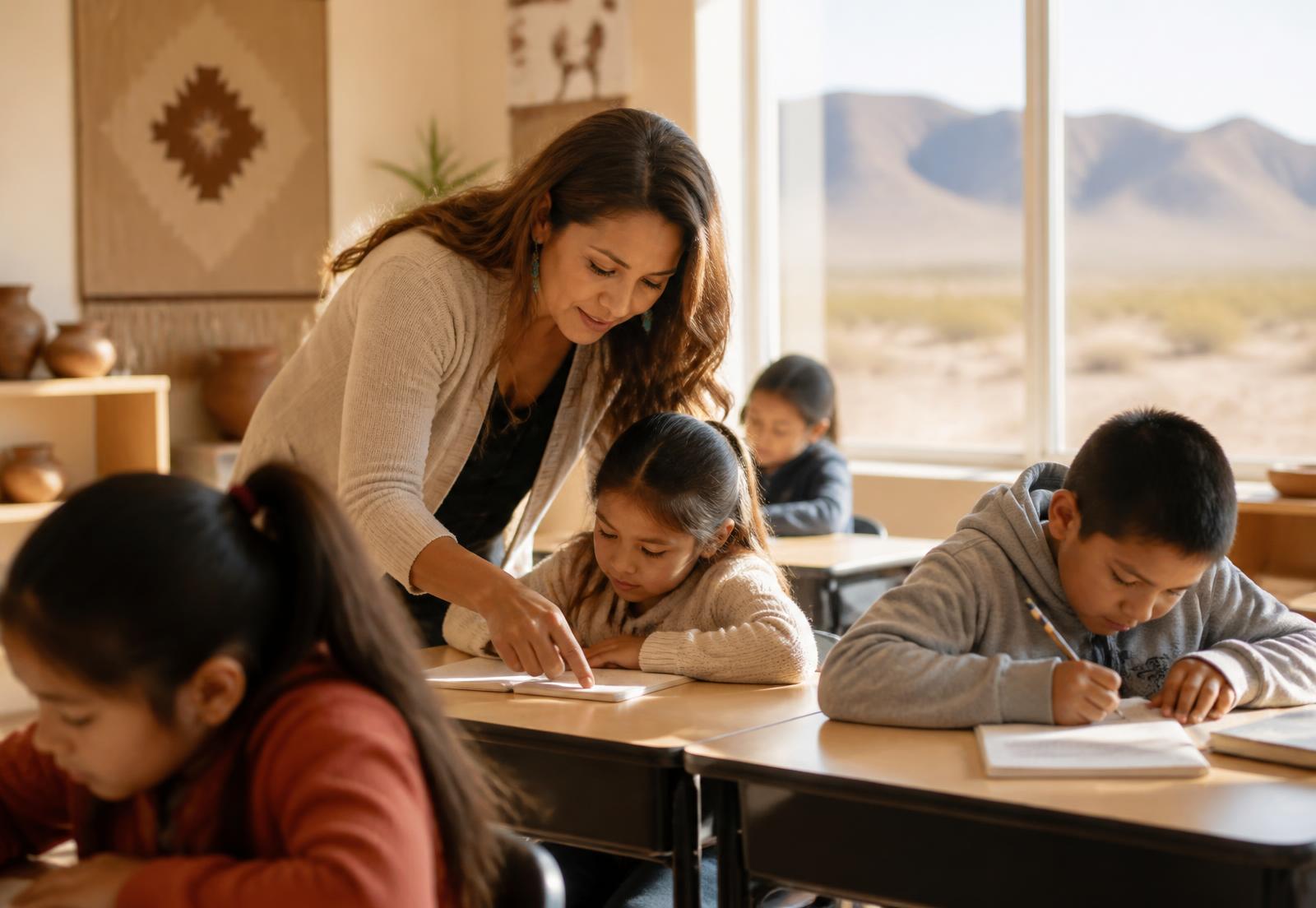 A teacher helping students at their desks in a bright classroom