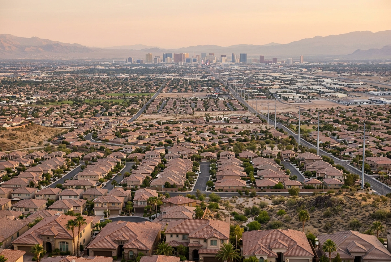 Rooftops of a desert residential neighborhood with mountains beyond